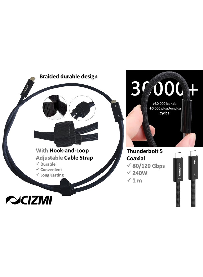 سيزمي ✦ كابل USB Thunderbolt 5 بسرعة 80Gbps (حتى 120Gbps مع Bandwidth Boost) | شحن فائق 240W عبر EPR Power Delivery PD 3.1 | تصميم Coaxial | يدعم 16K UHD و8K@120Hz | USB4 Gen4 V2 | متوافق مع iPhone وغيرها | تصميم مضفّر بطول 1 متر + شريط تثبيت Hook-and-Loop - Image 2