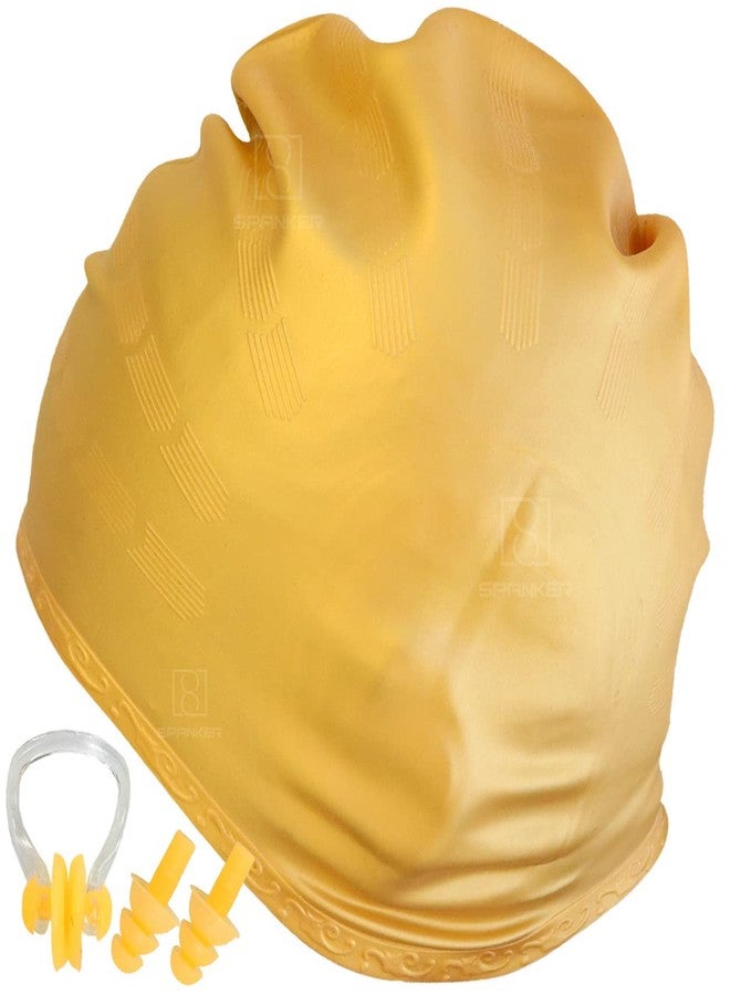 Spanker Unisex Swim Cap with 3D Ear Protection, Durable Flexible Silicone Swimming Hat for Short/Long Hair with Ear Plugs&Nose Clip, Golden SSTP - Image 1