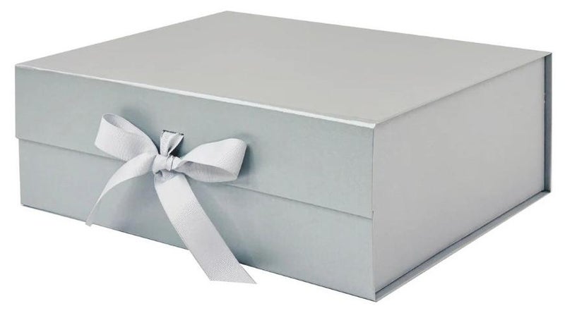 TecV Luxury Magnetic Gift Box, Silver Medium Gift Box with Ribbon, Folding Gift Box for Presents With Magnetic Lid, Suitable for Festival, Birthday, Anniversary, 26x19x8 cm - Image 1
