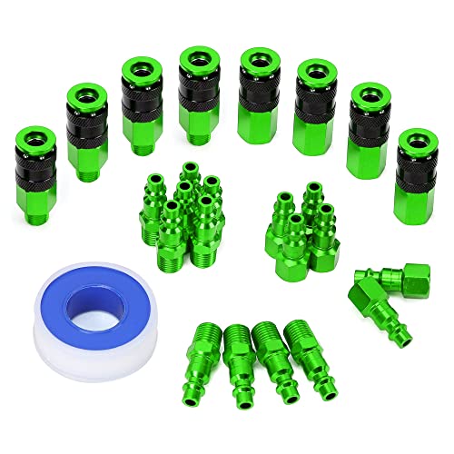 FYPower 25 Pieces 1/4" NPT Aluminum Air Coupler and Plug Kit, Quick Connect Air Fittings, Industrial Quick Connector Set (Green) - Image 1