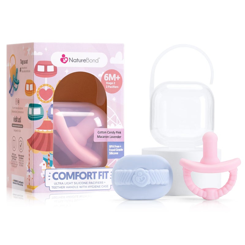 NatureBond Baby Pacifier Soother Silicone Binky Newborn Teether Pacifiers 2 in 1, Curved for Comfort | Hygiene Cover (Above 6 Months, Cotton Candy Pink and Macaron Lavender) - Image 1