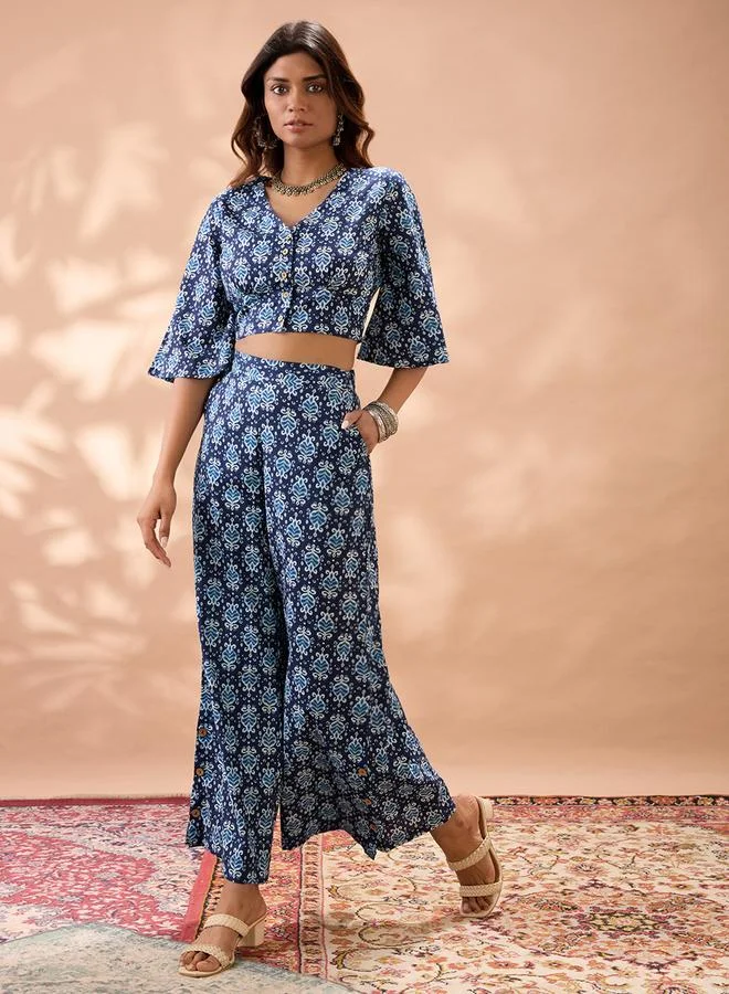 globus Ethnic Print Flared Sleeves Crop Top and Trousers Co-Ords