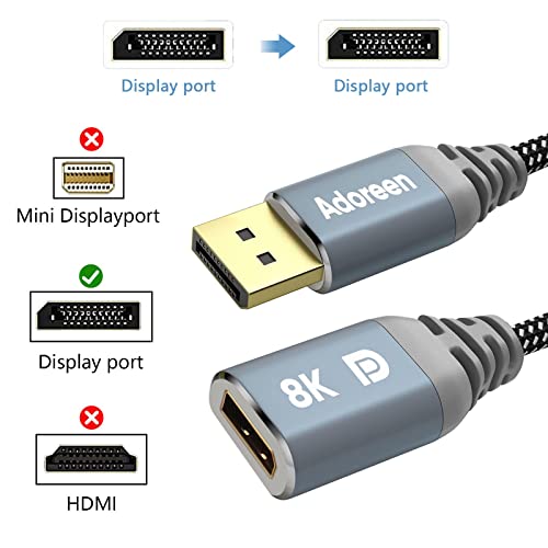 Adoreen 8K DisplayPort Extension Cable 20 feet, Braided DP to DP Extended 1.4 Cord (from 0.6-25ft) Male to Female (8K@60Hz 4K@120Hz 2K@165Hz) Extender Display Port with 5 Ties - Image 2