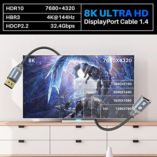 Adoreen 8K DisplayPort Extension Cable 20 feet, Braided DP to DP Extended 1.4 Cord (from 0.6-25ft) Male to Female (8K@60Hz 4K@120Hz 2K@165Hz) Extender Display Port with 5 Ties - Image 4