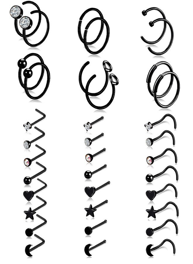 Tornito 20G 36Pcs Stainless Steel L Bone Screw Shaped Nose Ring CZ Nose Stud Retainer Labret Nose Piercing Jewelry for Women Men Black Tone - Image 1