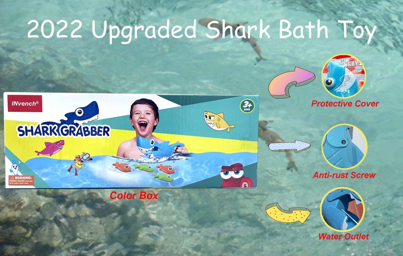 INvench Shark Grabber Baby Bath Toys - Blue Shark with Teeth Biting Action Include 4 Toy Fish - Bath Toys for Kids Ages 4-8 Boys Girls Toddlers Pool Toys - Image 2