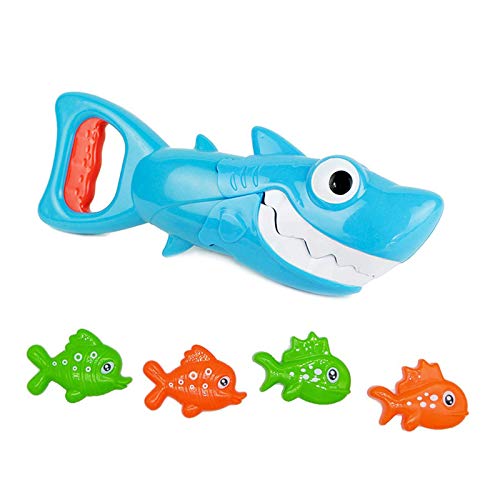 INvench Shark Grabber Baby Bath Toys - Blue Shark with Teeth Biting Action Include 4 Toy Fish - Bath Toys for Kids Ages 4-8 Boys Girls Toddlers Pool Toys - Image 1