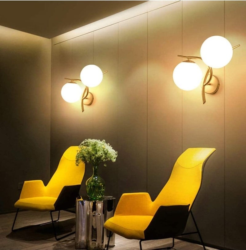 Homenique Modern 2 White Glass Globe Wall Light Golden Metal Bracket with E27 Socket and Globe Shade Wall Lamp Suitable for Living Room Corridor Stairs Basement Bulb not Included - Image 5