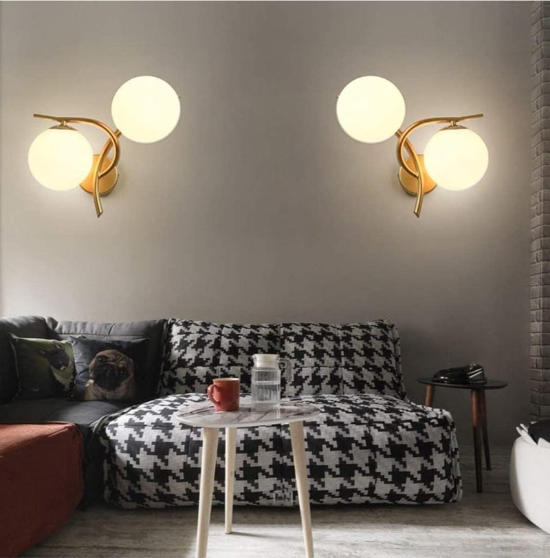 Homenique Modern 2 White Glass Globe Wall Light Golden Metal Bracket with E27 Socket and Globe Shade Wall Lamp Suitable for Living Room Corridor Stairs Basement Bulb not Included - Image 4