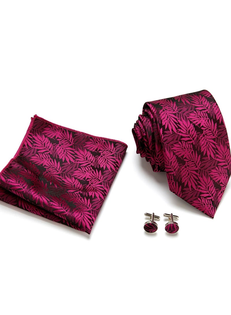 Leaf Jacquard Polyester Necktie Three-Piece Suit Rose Red