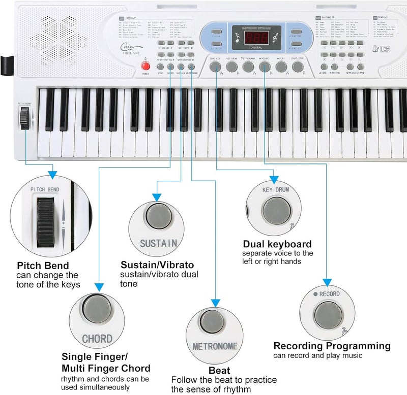 Hricane Keyboard Piano Lighted Keys for Beginner Adults Teens Kids, 61 Key Electronic Music Keyboard with Teaching Modes Powered by USB or Battery with LCD Display Microphone Headphone Jack - Image 4