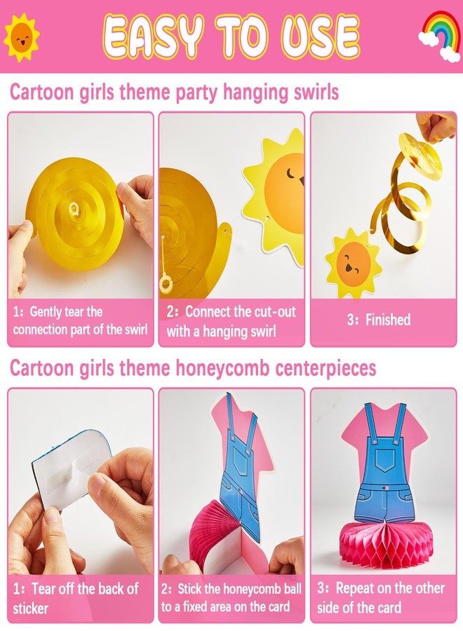 ojustbeok 15Pcs Girls Party Decorations Happy Birthday Banner Cartoon Teacher Honeycomb Centerpiece for Tables Cartoon Girls Hanging Swirl Decoration for English Teacher Birthday Baby Shower Party Supplies - Image 4