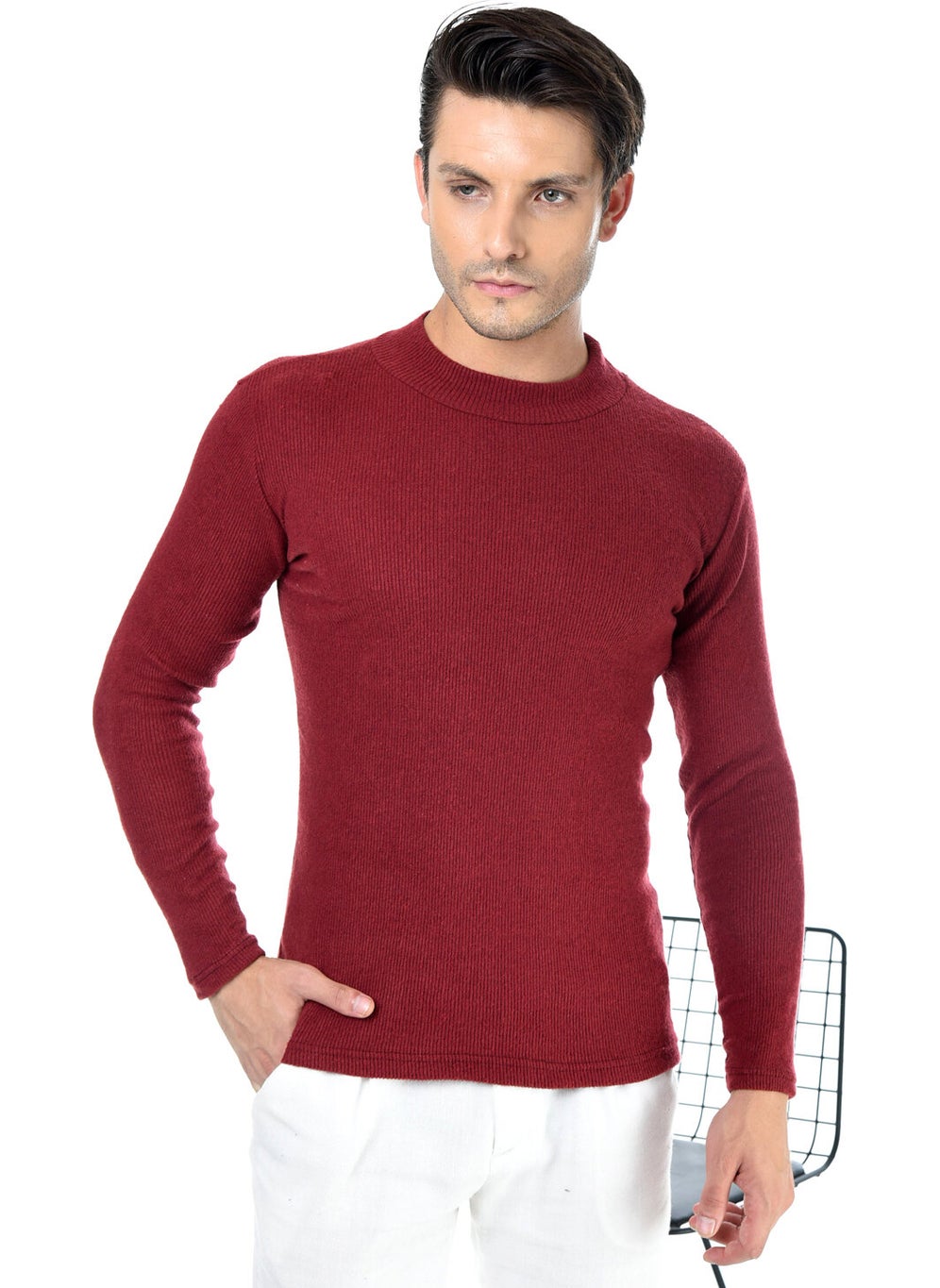 Belifanti Collection Men's Burgundy Half Turtleneck Slim Fit Sweater  - Image 1