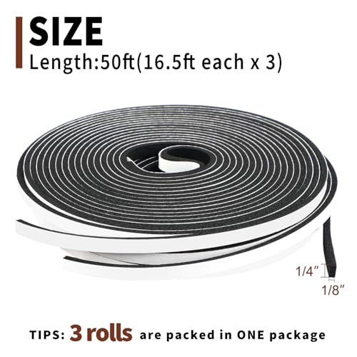 Yotache Weather Stripping Door Seal Strip 1/4" x1/8", New Adhesive Foam Insulation Seal Tape for Door Jamb Frame, Windows, 3 Rolls x 16.5ft, Total 50ft Long - Image 3