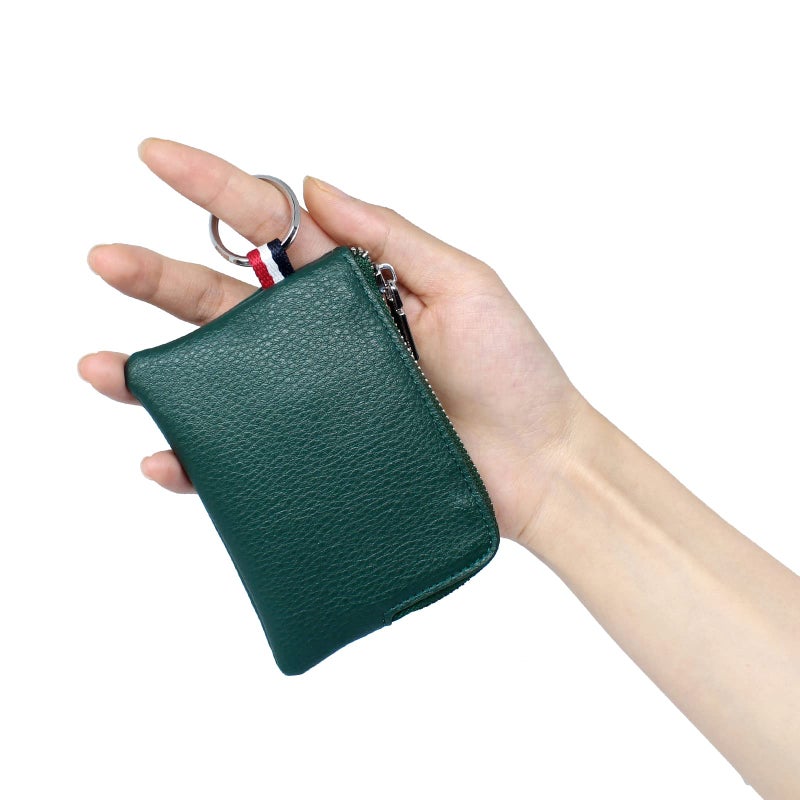 imeetu Leather Coin Purse Wallet, Mini Dual Keyrings Change Pouch Card Holder for Men Women (Dark green, standard) - Image 2