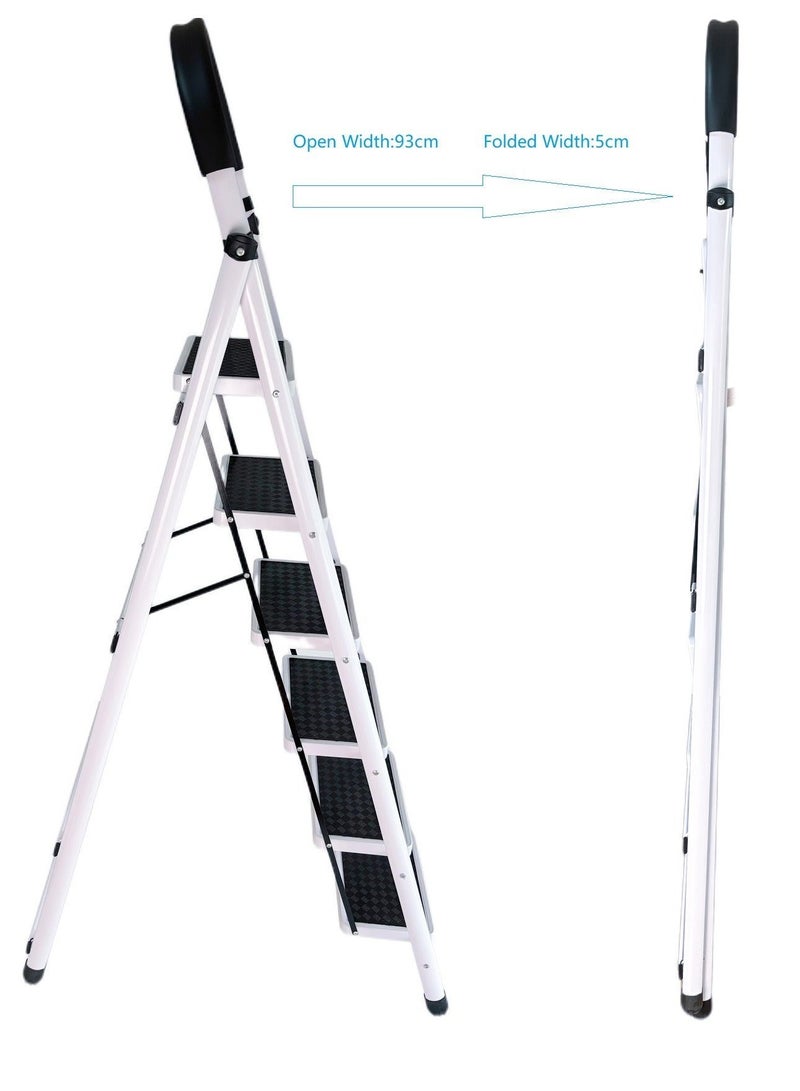 كابجون سلم قابل للطي بخطوات للاستخدام المنزلي، سلم قابل للطي بالخدمة الشاقة مع درع، بدسات عريضة غير انزلاقية، سلم فولاذي خفيف الوزن للمطبخ، المكتب، المكتبة، المستودع (أبيض) - Image 3