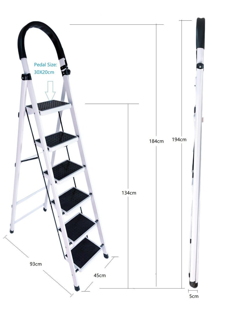 كابجون سلم قابل للطي بخطوات للاستخدام المنزلي، سلم قابل للطي بالخدمة الشاقة مع درع، بدسات عريضة غير انزلاقية، سلم فولاذي خفيف الوزن للمطبخ، المكتب، المكتبة، المستودع (أبيض) - Image 2