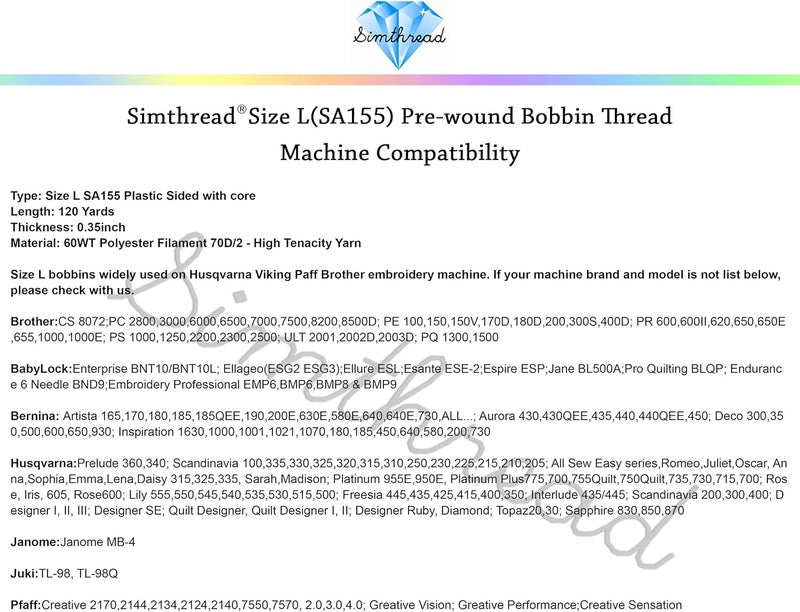 simthread 144 Prewound Bobbin Thread Size L 60WT (SA155) for Husqvarna Viking pfaff Creative Vision Embroidery Machines Plastic Side - Black - Image 5