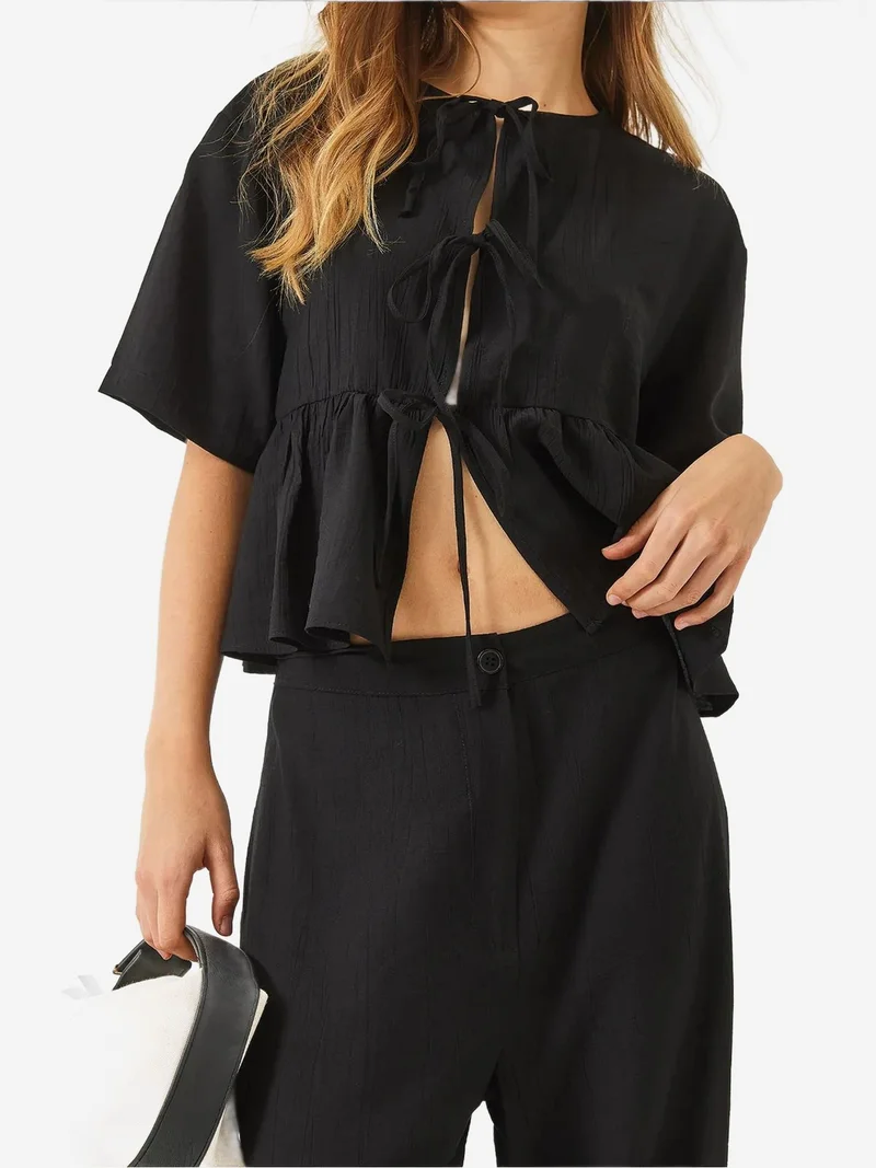 Bianco Lucci LUCCI Textured Two-Piece Coord Set with Ruffle Detail