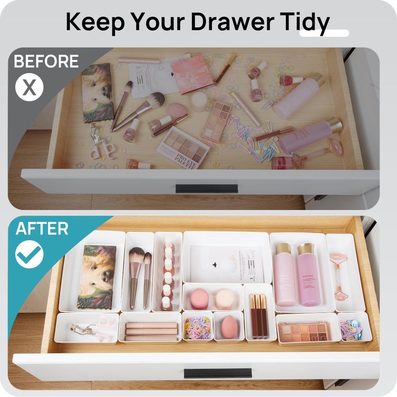 Vtopmart 44 PCS Plastic Drawer Organizers Set  4-Size Versatile Bathroom and Vanity Organizer Trays  Non-Slip Storage Containers for Makeup  Jewelries  Bedroom Kitchen Utensils and Office  White - Image 3