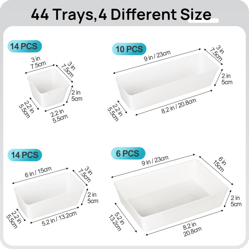 Vtopmart 44 PCS Plastic Drawer Organizers Set  4-Size Versatile Bathroom and Vanity Organizer Trays  Non-Slip Storage Containers for Makeup  Jewelries  Bedroom Kitchen Utensils and Office  White - Image 2
