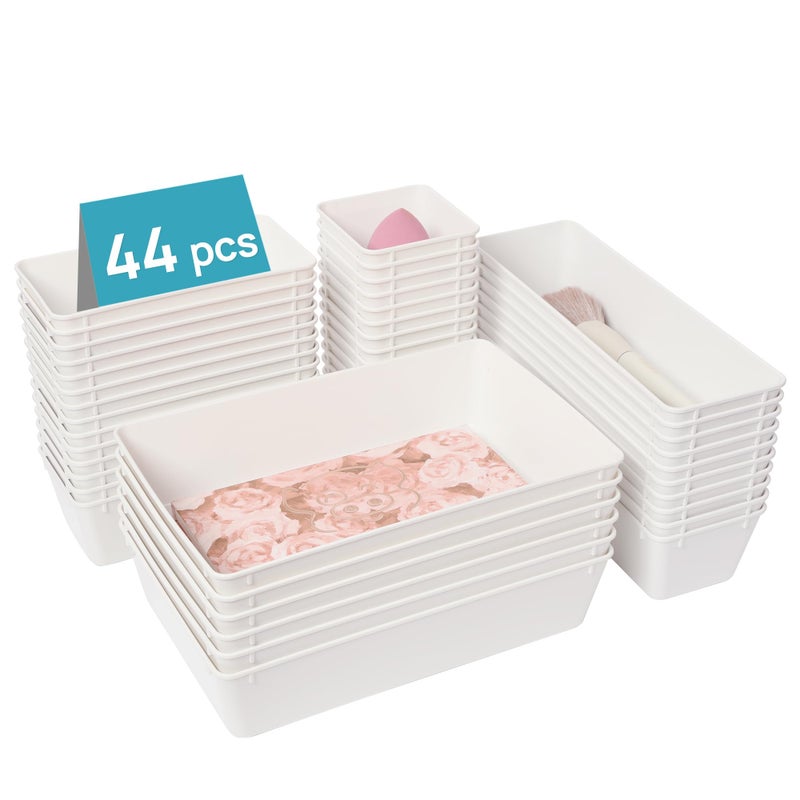 Vtopmart 44 PCS Plastic Drawer Organizers Set  4-Size Versatile Bathroom and Vanity Organizer Trays  Non-Slip Storage Containers for Makeup  Jewelries  Bedroom Kitchen Utensils and Office  White - Image 1