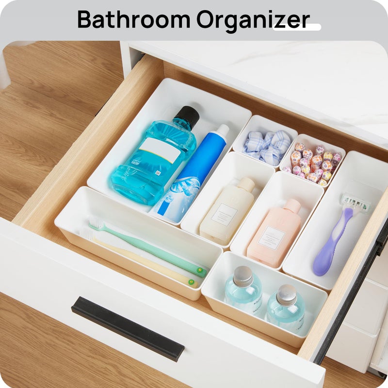 Vtopmart 44 PCS Plastic Drawer Organizers Set  4-Size Versatile Bathroom and Vanity Organizer Trays  Non-Slip Storage Containers for Makeup  Jewelries  Bedroom Kitchen Utensils and Office  White - Image 5