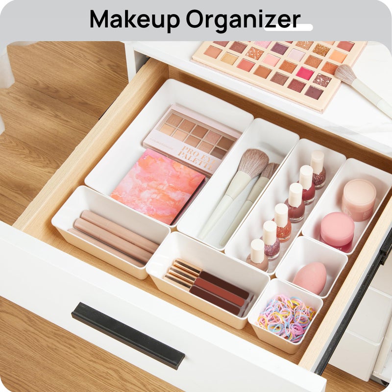 Vtopmart 44 PCS Plastic Drawer Organizers Set  4-Size Versatile Bathroom and Vanity Organizer Trays  Non-Slip Storage Containers for Makeup  Jewelries  Bedroom Kitchen Utensils and Office  White - Image 4
