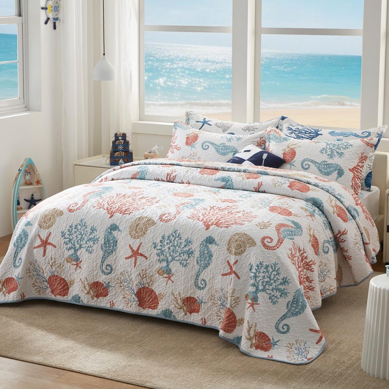 LEAONME Coastal Quilt Set Full/Queen Size - Lightweight Microfiber Reversible Bedspread, 90''x98'', Coral, Includes 2 Shams - Image 2
