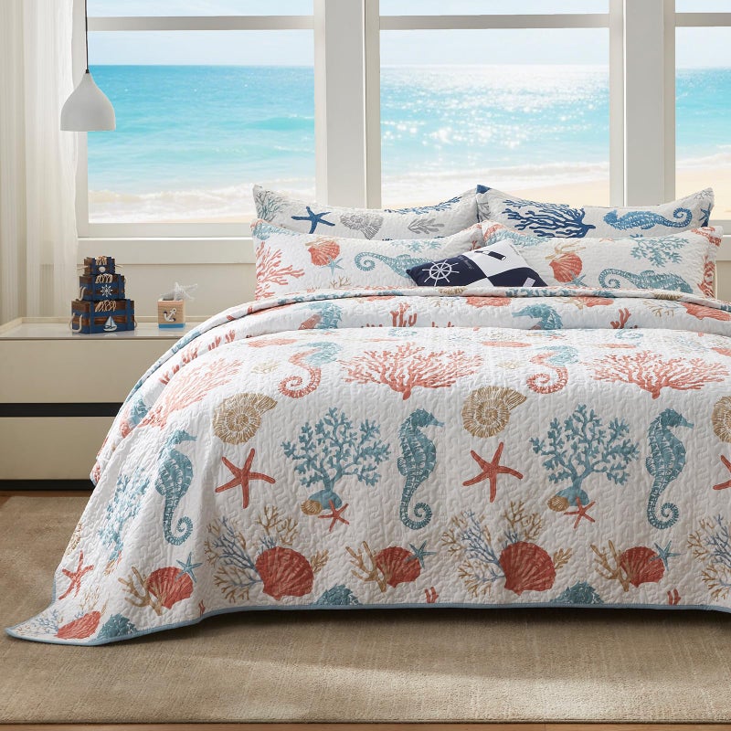 LEAONME Coastal Quilt Set Full/Queen Size - Lightweight Microfiber Reversible Bedspread, 90''x98'', Coral, Includes 2 Shams - Image 1