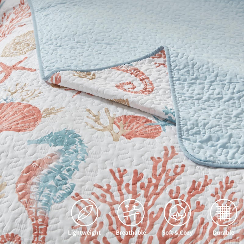 LEAONME Coastal Quilt Set Full/Queen Size - Lightweight Microfiber Reversible Bedspread, 90''x98'', Coral, Includes 2 Shams - Image 5