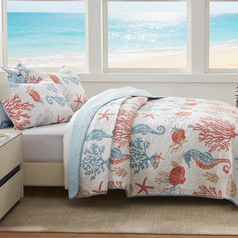 LEAONME Coastal Quilt Set Full/Queen Size - Lightweight Microfiber Reversible Bedspread, 90''x98'', Coral, Includes 2 Shams - Image 3