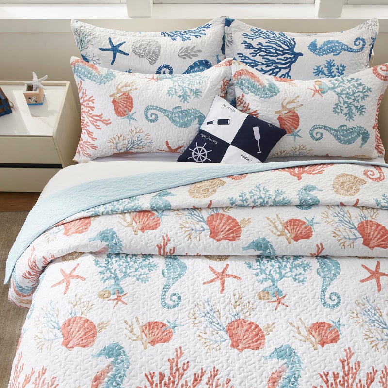 LEAONME Coastal Quilt Set Full/Queen Size - Lightweight Microfiber Reversible Bedspread, 90''x98'', Coral, Includes 2 Shams - Image 4