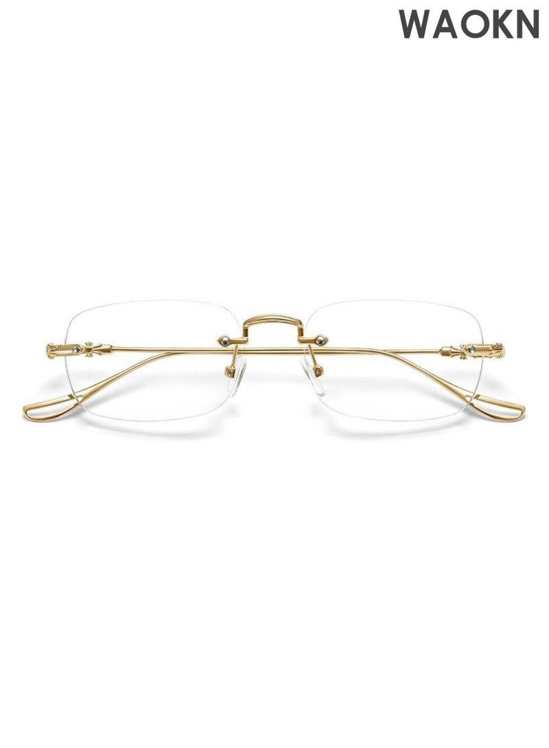 WAOKN Rimless Reading Glasses ,Men Women Anti-Blue Ultra Light Frameless Reading Glasses, Reading Aid Visual Aid Workplace Glasses, Anti Fatigue Glasses with Strength for the Elderly ,Ultra light metal frameless glasses, not easily deformed,Gold. - Image 2