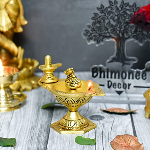 Bhimonee Decor | Pure Brass Shivling & Nandi Table Diya | Handcrafted Traditional Pooja Oil Lamp | Sacred Temple Decor | 4 Inches Big | Brass | Pack of 1 Pc - Image 1