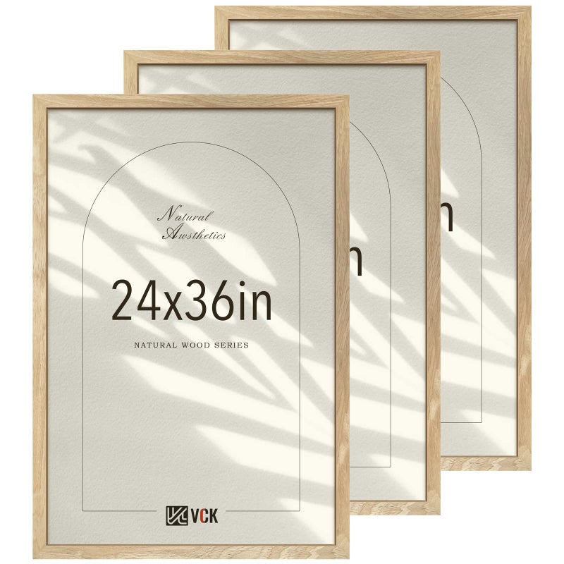 VCK 24x36 Poster Frame Natural Solid Wood 3 Pack, Exclusive Wood Grain Wall Hanging Picture Frame for Home Decoration - Image 1