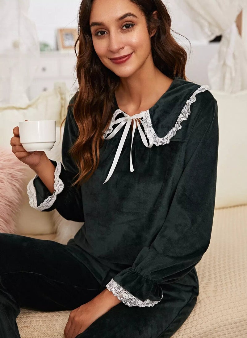 Contrast Lace Flounce Sleeve Peter Pan Collar Velvet Pajama Set  - Image 3