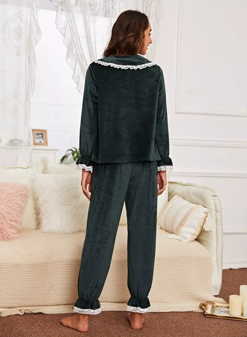Contrast Lace Flounce Sleeve Peter Pan Collar Velvet Pajama Set  - Image 2