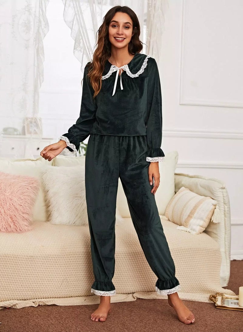 Contrast Lace Flounce Sleeve Peter Pan Collar Velvet Pajama Set  - Image 4