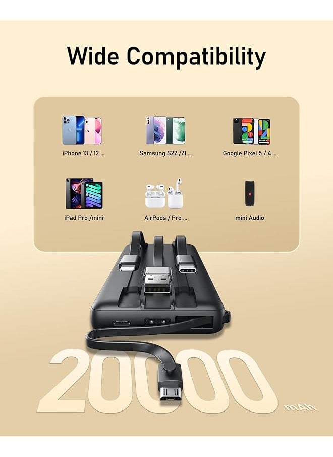 Power Bank With Built In Cables 20000Mah Portable Charger For Iphone Usb C Lcd Display External Battery Iphone Charger Bank Compatible With Iphone Ipad Samsung And Android Devices For Travel