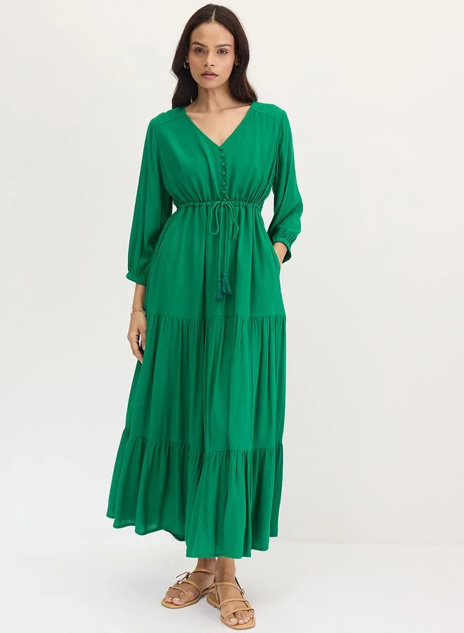 Femmella Green Crinkled Tiered Maxi Dress