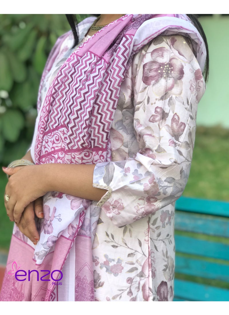 إنزو بلس بدلة سلوار كاميز مخيطة مع شال (دوبتة)  - Image 4