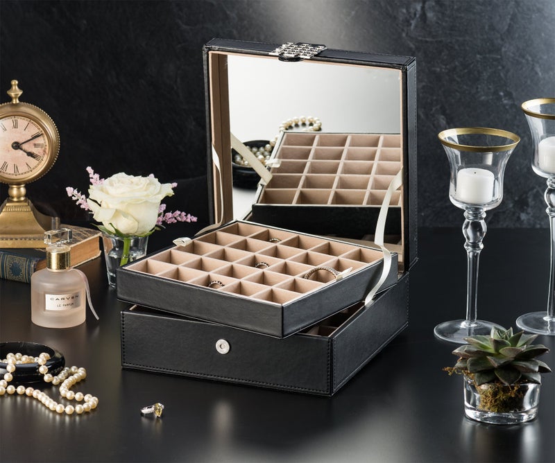 Glenor Co Earring Organizer - Classic 50 Section Jewelry Box/Case/Holder for Earrings, Rings, Necklaces, Jewelry, Cufflinks or Collections -2 Layer Small Compartments with Large Mirror - Black - Image 2