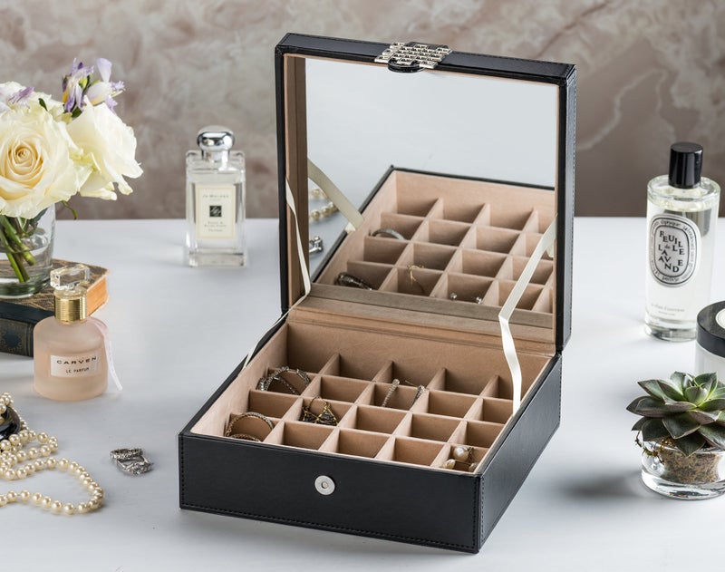 Glenor Co Earring Organizer - Classic 50 Section Jewelry Box/Case/Holder for Earrings, Rings, Necklaces, Jewelry, Cufflinks or Collections -2 Layer Small Compartments with Large Mirror - Black - Image 3