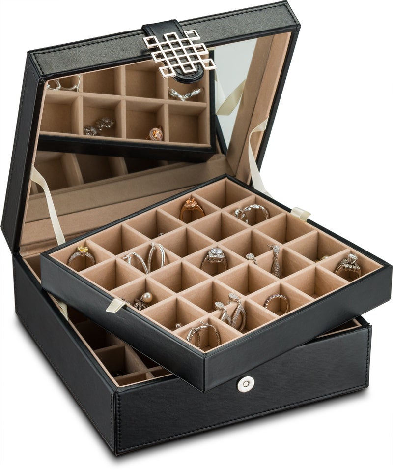 Glenor Co Earring Organizer - Classic 50 Section Jewelry Box/Case/Holder for Earrings, Rings, Necklaces, Jewelry, Cufflinks or Collections -2 Layer Small Compartments with Large Mirror - Black - Image 1