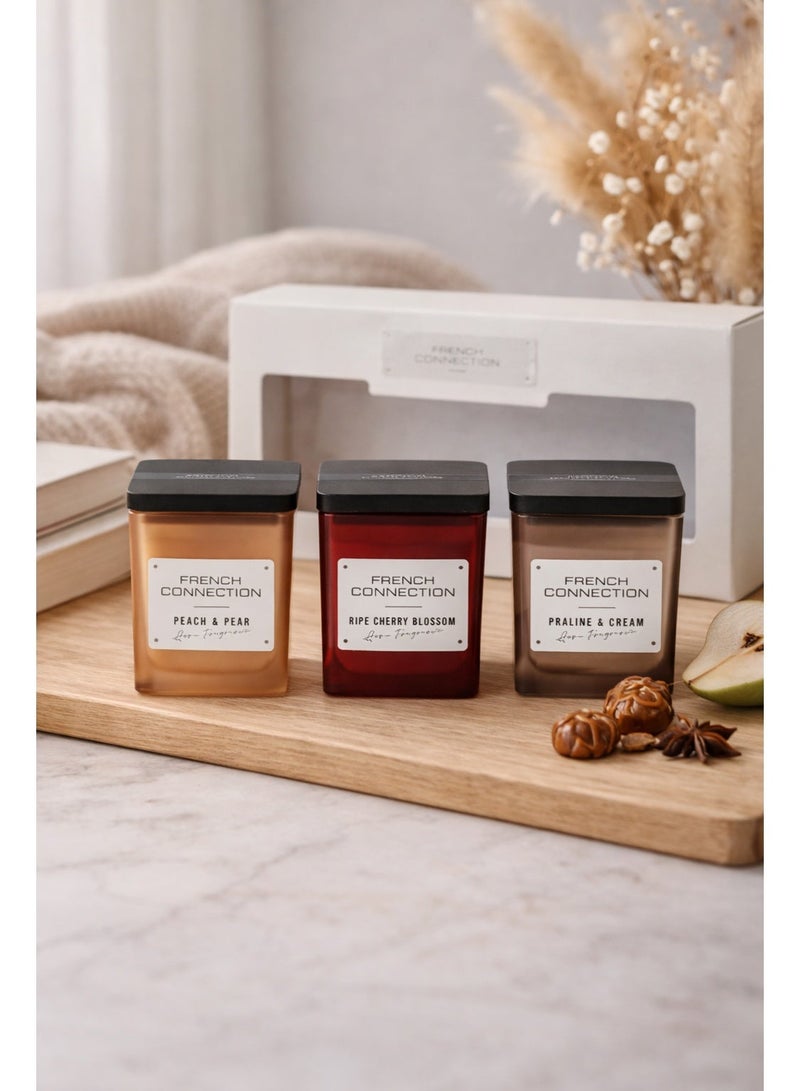French Connection طقم هدايا شموع في جرة معطرة من 3 - 50 جرام لكل واحدة، شمع زبدة الشيا | وقت الاحتراق - 25 ساعة | مجموعة مربعة | مثالي للهدايا، ديكور المنزل، الحفلات وعطر الغرف | مثالي لديكور غرفة المعيشة والمكتب - Image 1
