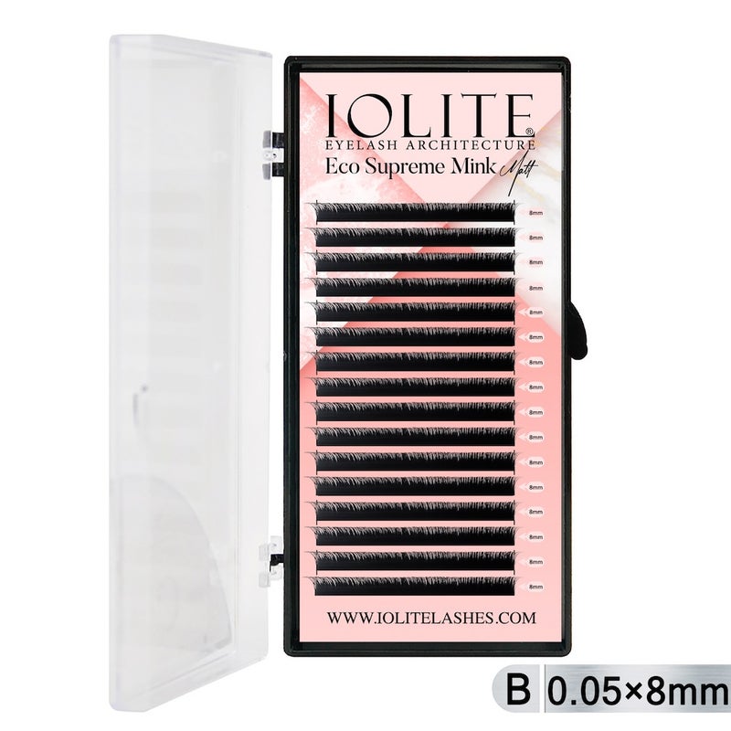 Iolite Eco Supreme Mink Matt Lash Extension Tray B - Curl - 0.05T (6mm–15mm) – Matt Finish, Premium Eco-Friendly Eyelashes for Lash Artists ISMMB5T - 8MM