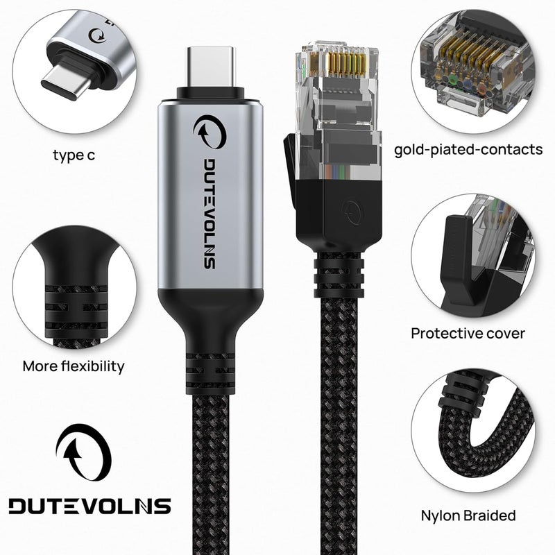 دوتفولنس كابل USB C إلى إيثرنت 3.3 قدم، كابل من النوع C إلى RJ45 من النايلون، متصل مباشرة بقدرة جيجابت، متوافق، لـ MacBook Pro، iPad Pro، الهواتف الذكية، أجهزة الكمبيوتر المحمولة، أجهزة الكمبيوتر الشخصية - Image 4