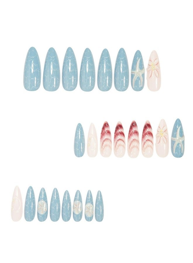 OFDNE Handmade Press on Nails Medium Almond OFDNE Fake Nails Ocean False Nails with Designs 3D Starfish Shell Pearls Blue Glossy Glue on Nails Handmade Nails Acrylic Nails for Women Girls 24 Pcs - Image 5