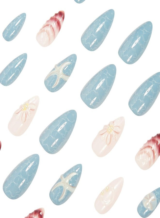 OFDNE Handmade Press on Nails Medium Almond OFDNE Fake Nails Ocean False Nails with Designs 3D Starfish Shell Pearls Blue Glossy Glue on Nails Handmade Nails Acrylic Nails for Women Girls 24 Pcs - Image 4